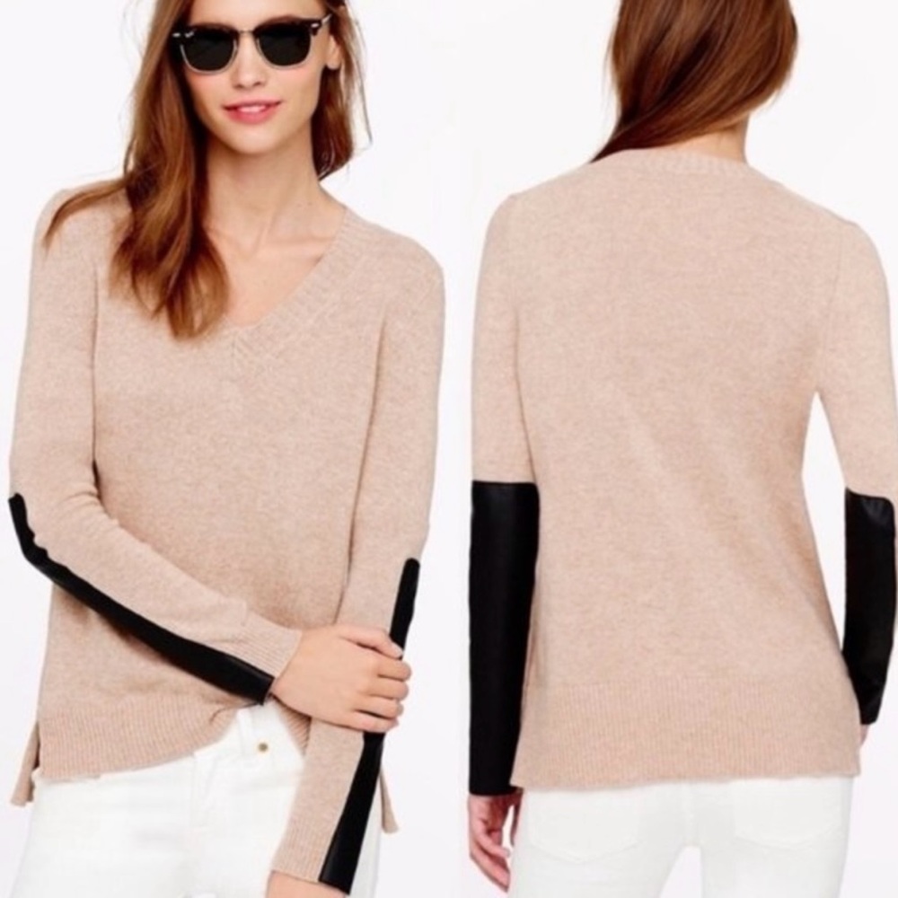 J. Crew • Tan Black Leather Panel Sleeve Cashmere V Neck Sweater